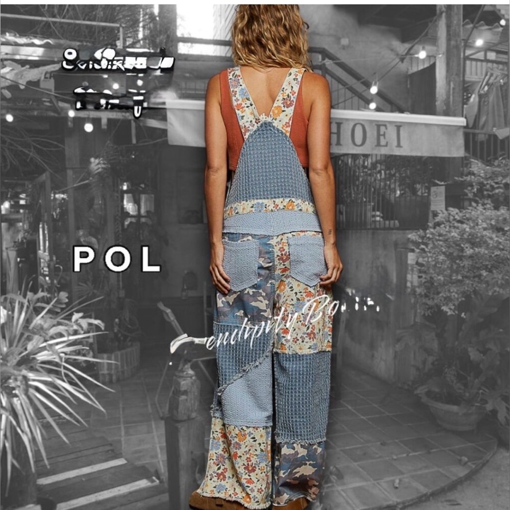POL- NWT Boho Farm Girl Mixed Fabric Cotton Denim Floral Patch Overalls. - Picture 7 of 10